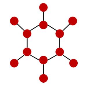 Hexagon with black lines and red dots coming off each side.
