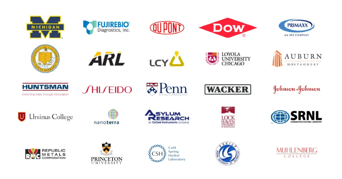 University of Michigan, Fujirebio Diagnostics, Inc, DuPont, Dow, Primaxx, UC Santa Barbara, Army Research Laboratory, LCY Chemical, Loyola University Chicago, Auburn University Montgomery, Huntsman, Shiseido, University of Pennsylvania, Wacker, Johnson & Johnson, Ursinus College, Nano Terra, Asylum Research, Lock Haven University, Savannah River National Laboratory, Republic Metals Corporation, Princeton University, Cold Spring Harbor Laboratory, Wuhan University of Technology, Muhlenberg College logos