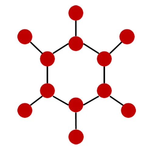 Hexagon with black lines and red dots coming off each side.